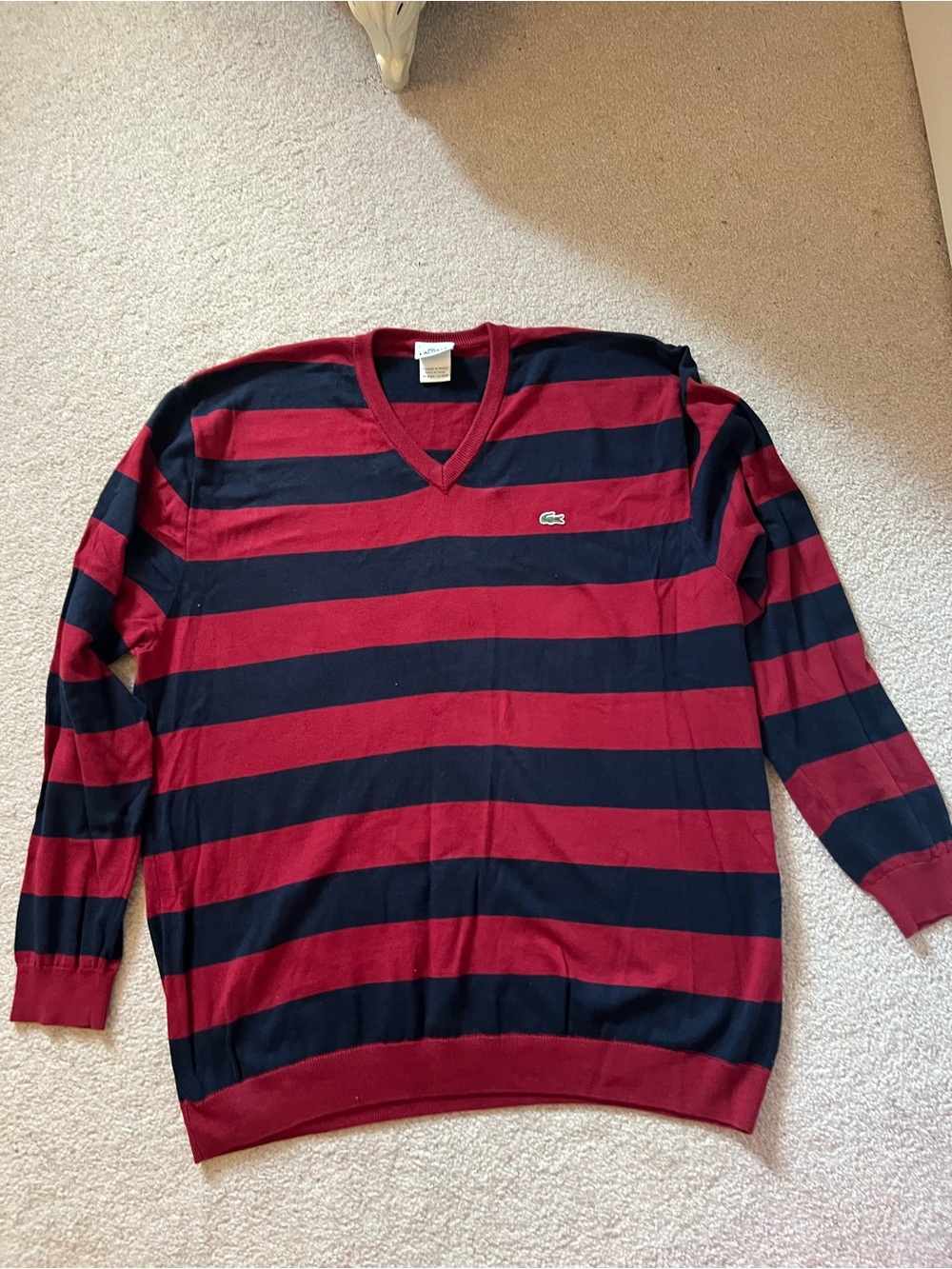Lacoste Men V-Neck Striped Sweater in Red and Navy Blue